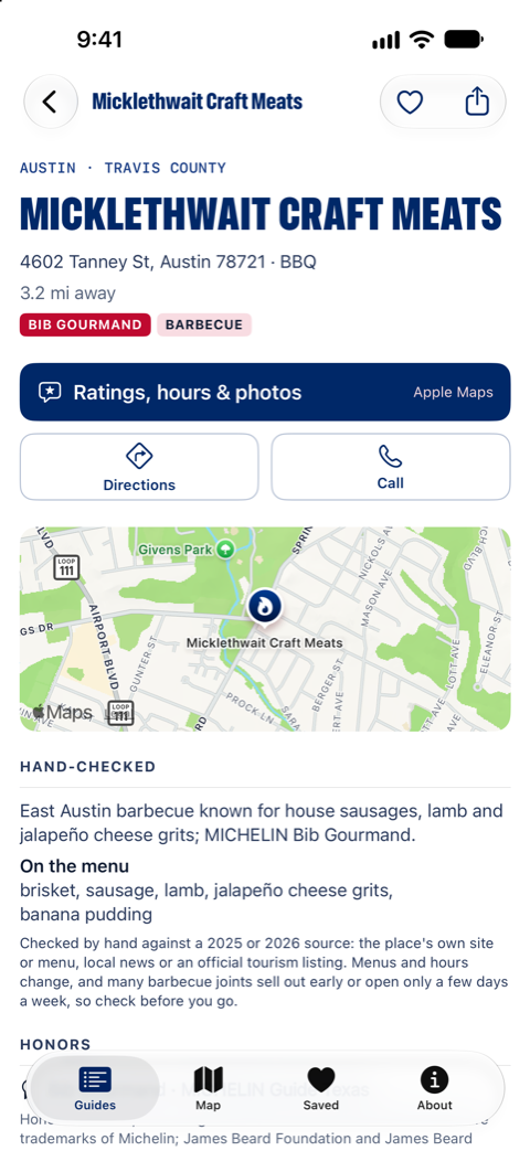 Micklethwait Craft Meats in Texas Eats: its address, Bib Gourmand and barbecue tags, a button for Apple Maps' ratings, hours and photos, Directions and Call buttons, a small map and the hand-checked notes on what to order.