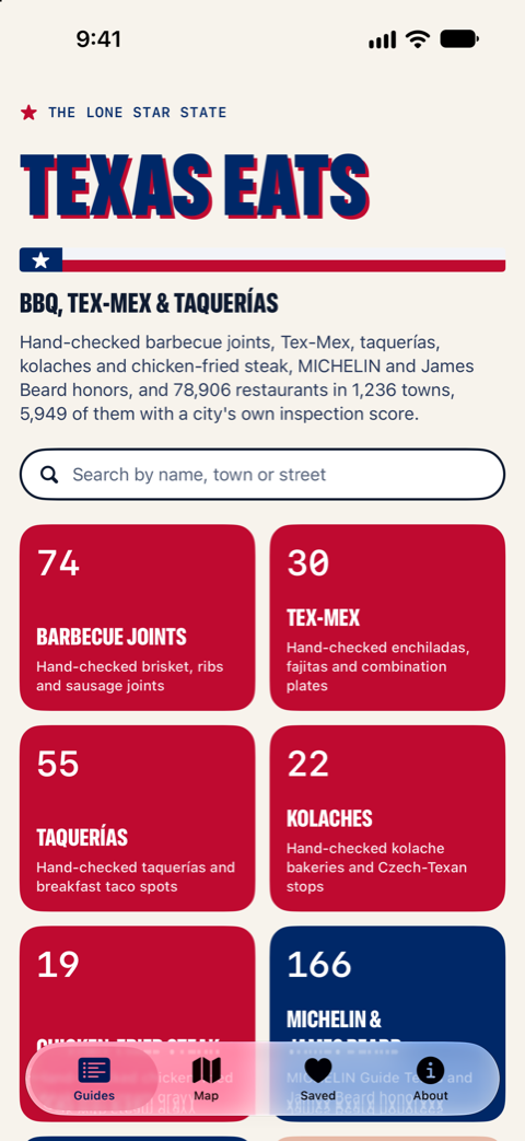 The Texas Eats home screen: a search box and guide cards for Barbecue Joints, Tex-Mex, Taquerías and Kolaches, each with its count of places.