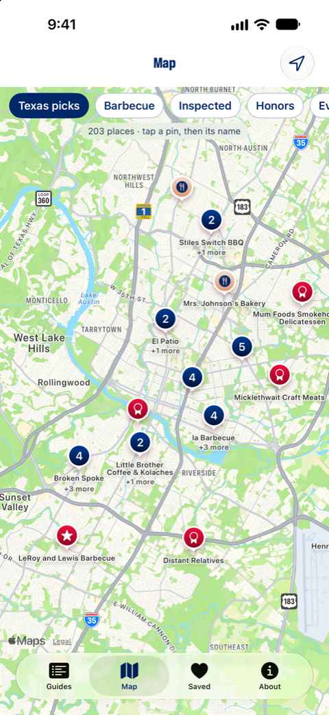 The Texas Eats map around Austin, with pins and numbered clusters for hand-checked places and filter buttons for barbecue, inspections and honors.